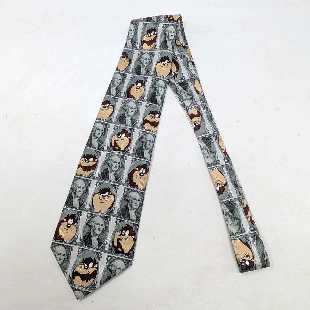 Vintage 1996 Looney Tunes Mania Taz George Washington Silk Tie Novelty Grey